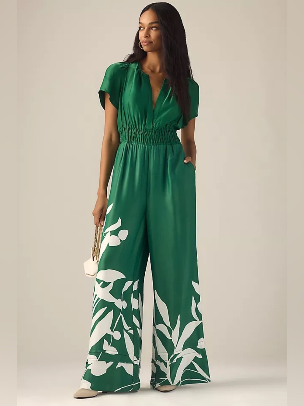 Anthropologie Somerset Jumpsuit Green Satin Floral Size XS